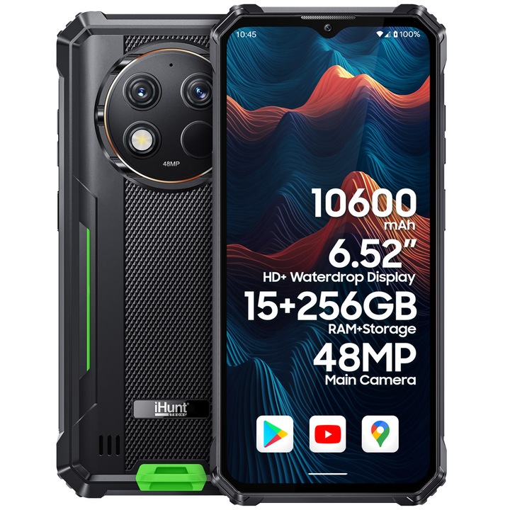 Смартфон iHunt TITAN P15000 Ultra, 10600mAh Fast-Charge, 6.52-inch Screen, 15GB + 256GB, Camera 48MP, 4G, Android 13, Зелено