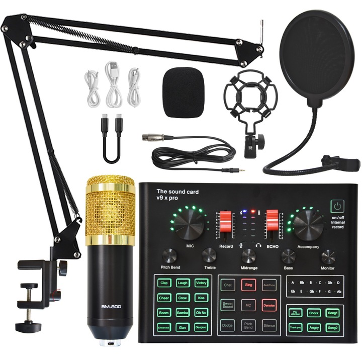 Kit microfon condensator, WALALLA, placa de sunet V9XPRO/microfon BM 800/diverse accesorii, echipament integrat studio de computer/emisie/joc/inregistrare/transmisie live, negru/auriu