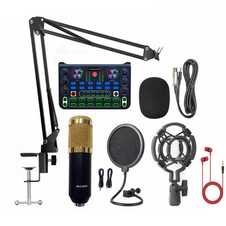 Set mixer audio, WALALLA, placa de sunet X60/microfon BM 800/diverse accesorii, potrivit pentru transmisie live, jocuri, PC, laptop, smartphone, Negru/Auriu
