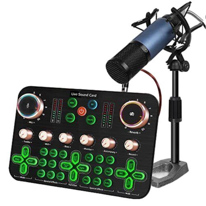 Комплект аудио миксер, WALALLA, звукова карта k600/микрофон BM 800/различни аксесоари, подходящ за предаване на живо, игри, компютър, лаптоп, смартфон, черен
