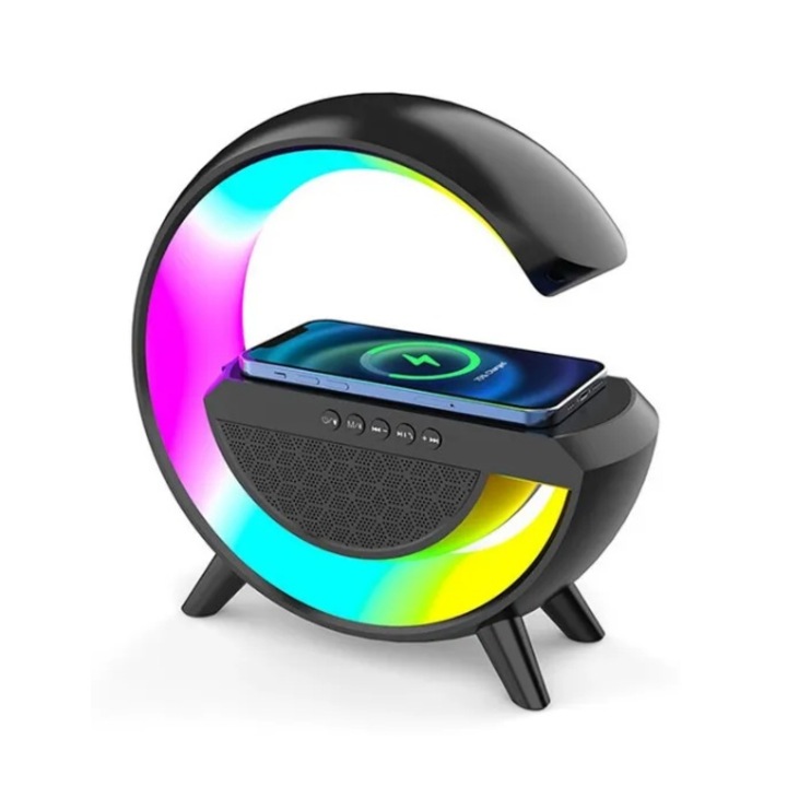 Lampa de Veghe cu Boxa Bluetooth si Incarcare Wireless – RGB, Luminozitate Reglabila, Radio, Negru pentru Dormitor si Spatii de Relaxare