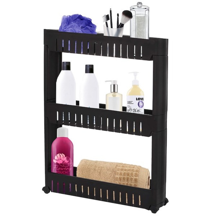 Мобилен шкаф за баня на колела Springos, 3 рафта, Полипропилен, Черен