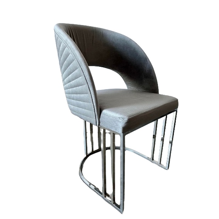 Set 4 scaune dining/bucatarie Star, cadru din otel inoxidabil argintiu lucios, catifea sintetica gri, 52x50x86cm