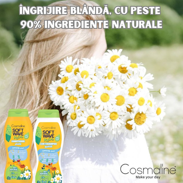 Kiszerelés sampon 400 ml és balzsam 400 ml Cosmaline Soft Wave Kids, 90%-ban természetes összetevők, gyerekeknek, kamilla aroma
