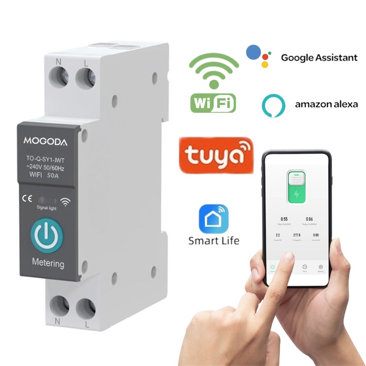 Siguranta Smart MOGODA®, WIFI, 50A, Contor electric, Programare inteligenta, compatibil Tuya, Smart Life APP
