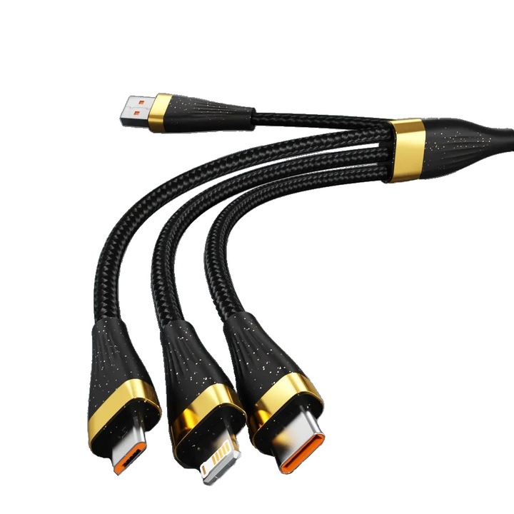 Adat és töltőkábel 3 az 1-ben, USB, Micro USB / Type C / Lightning, Iphone, Samsung, Huawei, gyorstöltés 6A max, 100W, 1, 25m, fekete