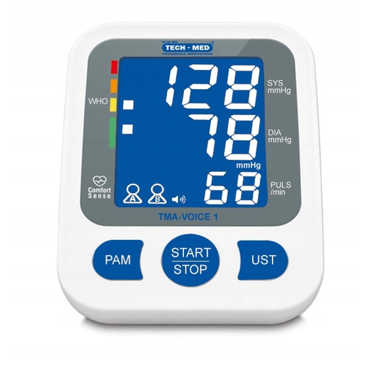 Tensiometru digital Tech-Med Voice 1 cu incarcator, alb-albastru