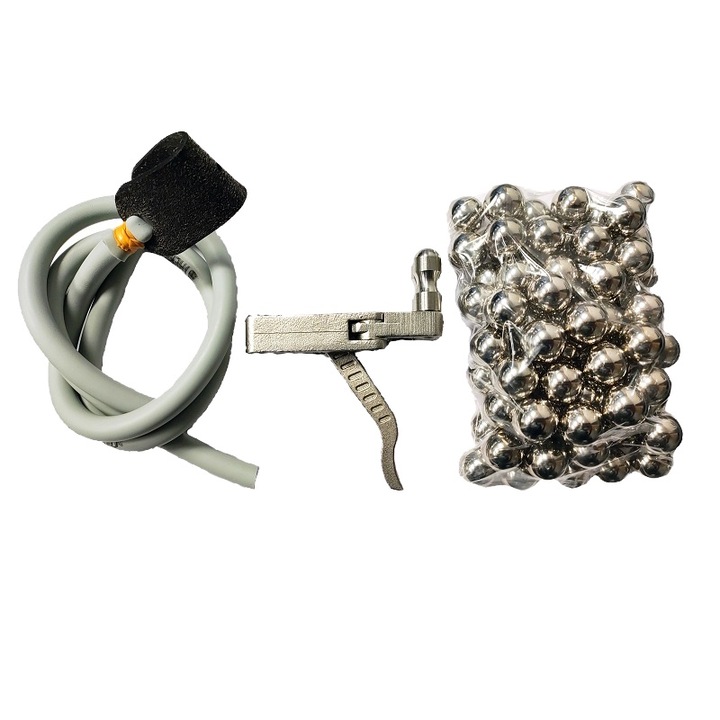 Acél csúzli kioldókészlet, tartalék szürke csövek és 1000 gramm 15 mm-es golyó