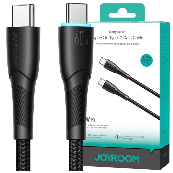 Cablu USB-C, Joyroom, Nylon, 60 W, 1 m, Negru