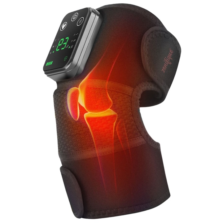 Aparat de masaj cu caldura si vibratii pentru genunchi, umar si cot, functionare fara fir, baterie 4000mAh, 3 intensitati, ameliorarea durerilor, marime universala, zenifique, negru