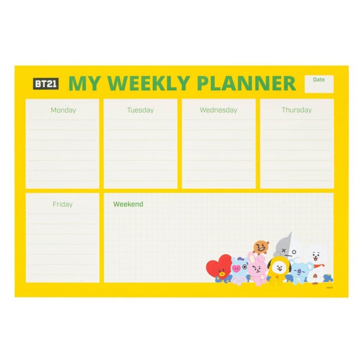 Agenda planner saptamanal, BT21, A4, 54 pagini, 29 x 21 cm, Multicolor