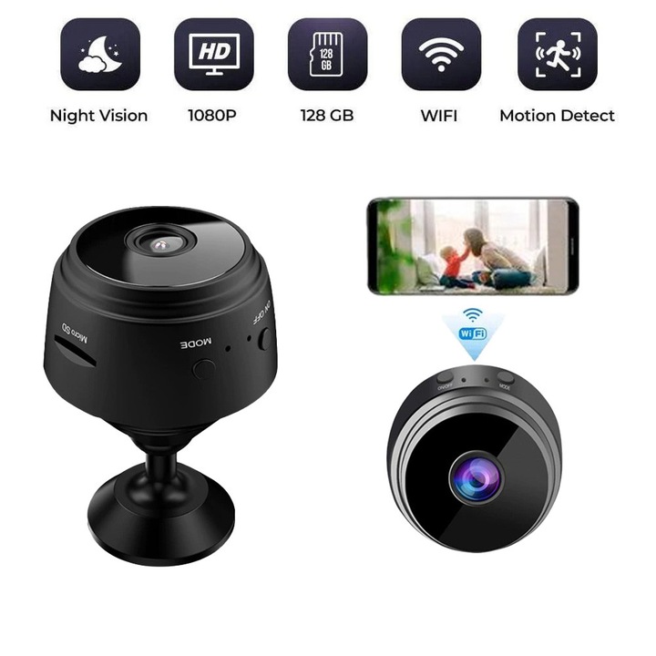 Mini WiFi akkumulátoros térfigyelő kamera, mozgásérzékelő, hangrögzítő, éjjellátó, vezeték nélküli, biztonsági megfigyelő kamera babák és háziállatok számára, fekete