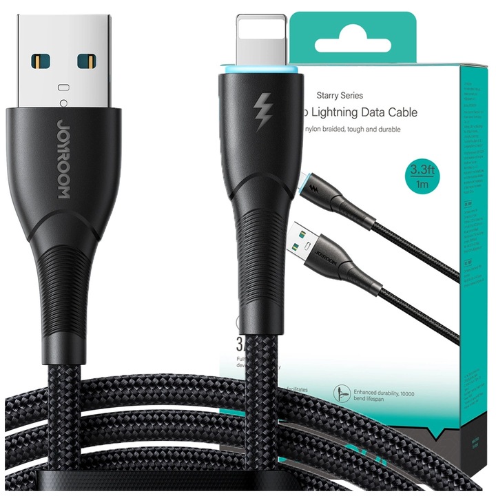 Cablu de date pentru telefon, Joyroom, Nylon, USB-A/Lightning, 1 m, Negru