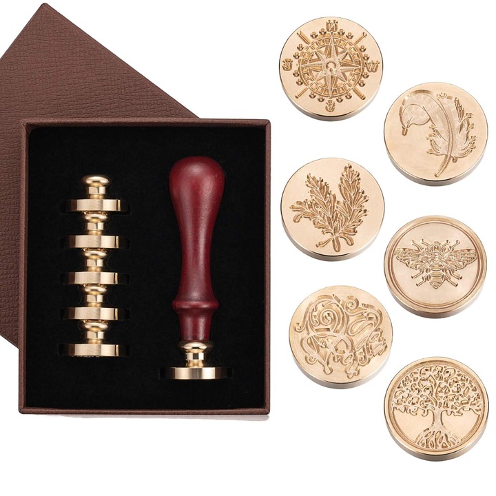 Set stampile ceara, Lemn/Alama, 6 Modele, Auriu/Maro