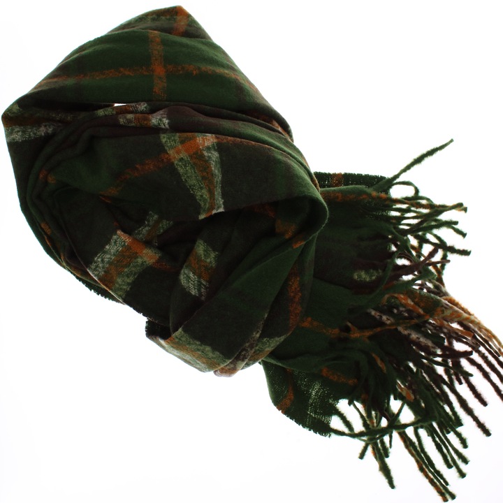 Esarfa dama, casmir, 60x180 cm, Buticcochet, imprimeu cu patratele, Verde - ES2505