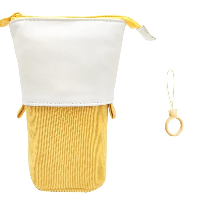 Kihúzható tolltartó, Jormftte, kreatív design, bársony/eco bőr, sárga, 8x6,5x18,5 cm