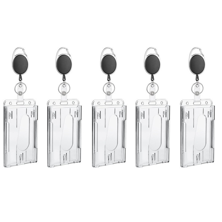 Set 5 ecuson de identitate, JENUOS®, rola ( snur ) retractabila cu clips pentru legitimatie, poate fi purtat cu tine, vertical, Transparent/Negru