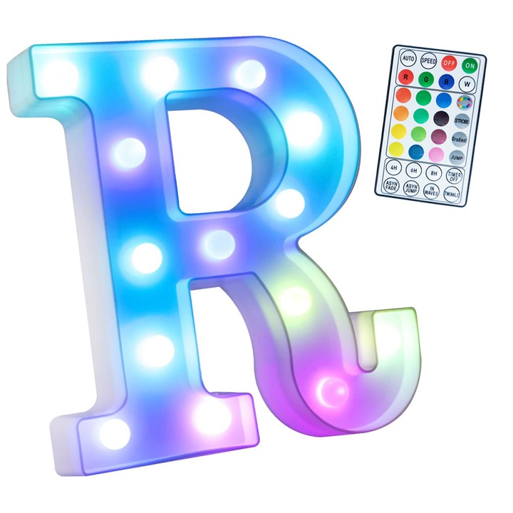Letter R 3d világító LED, volumetrikus, távirányítóval a LED-ek színeinek és beállításainak vezérléséhez, elemen, többszínű, magassága 21 cm