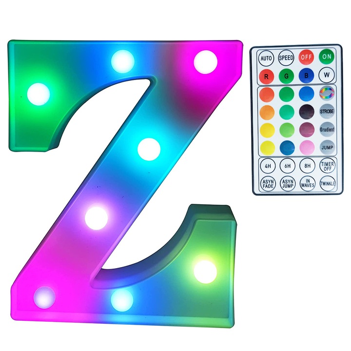 Litera Z 3d luminoasa led, volumetrica, cu telecomanda pentru controlul culorilor si a setarilor ledurilor, pe baterii, multicolor, inaltime 21 cm
