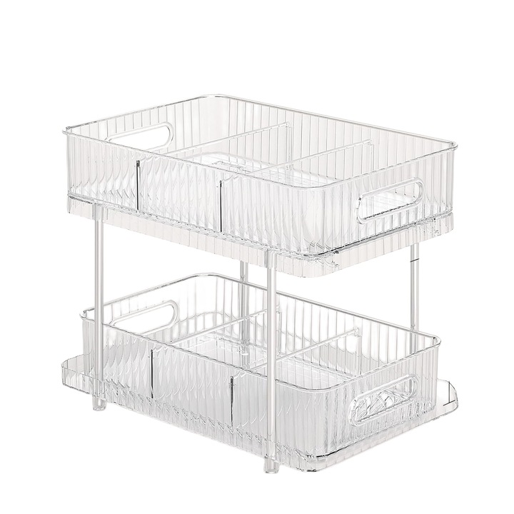 Органайзер за шкаф за баня, 2 нива изтеглящ се прозрачен органайзер под мивката и място за съхранение, многофункционален кухненски шкаф за съхранение на храна и рафт за съхранение с подвижни разделители, прозрачен