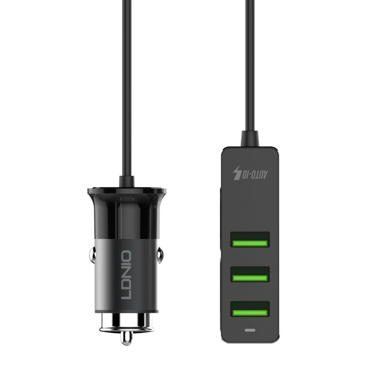 Prelungitor Auto Ldnio, Fast Charge 35W, 4 Porturi USB, Lungime 120cm, Negru