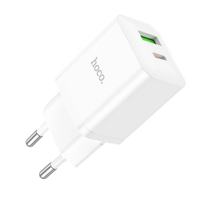 Hálózati töltő, Kettős töltés, USB + Type-C, Hoco N28, PD 20W, Fehér