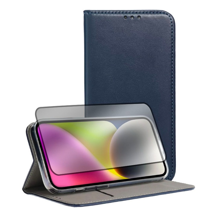 5D защитно стъклено фолио и комплект капаци от PU кожа за Oppo A98 5G, защита на цял екран, лесна инсталация, HD Clear, черни ръбове, защита на дисплея и гърба, син