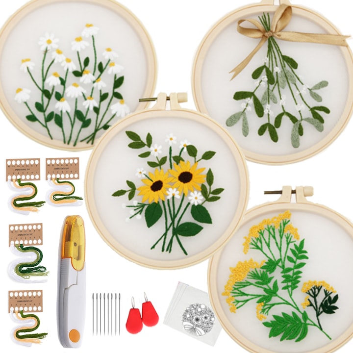 Kit 4 seturi pentru broderie, broderie din organza, florala, NOTWAIT®