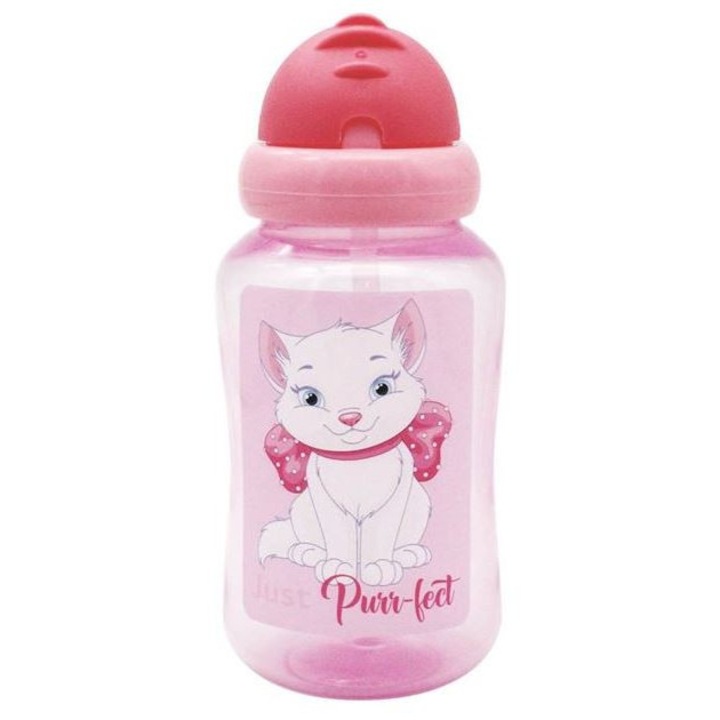 Cana cu pai, din plastic fara BPA, Roz cu model pisica, design ergonomic si capac ce pliaza paiul cand este inchis, 340 ml