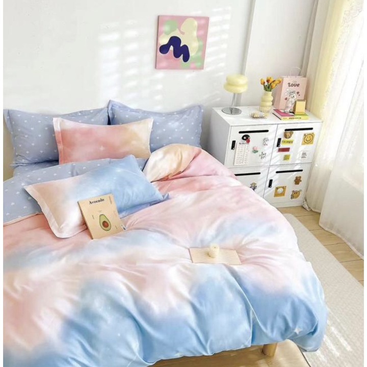 Set Lenjerie de pat dublu, 2 persoane, Pucioasa, Bumbac, 6 Piese, Cearceaf de pat 240 x 250 cm, Cearceaf pilota cu Doua Fete 200 x 230 cm, 2 fete de perna 70 x 70 cm, 2 fete de perna 55 x 75 cm, Bleu/Alb/somon, Model Degrade si Inimioare, FFP-0042