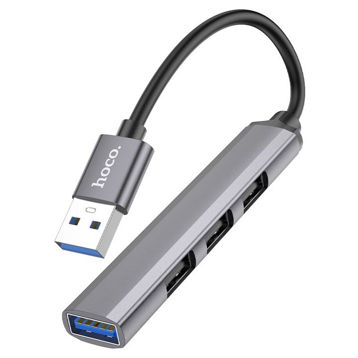 Хъб кабел с 4 USB порта, Hoco HB26, поддържа 1Tb, метален, сив