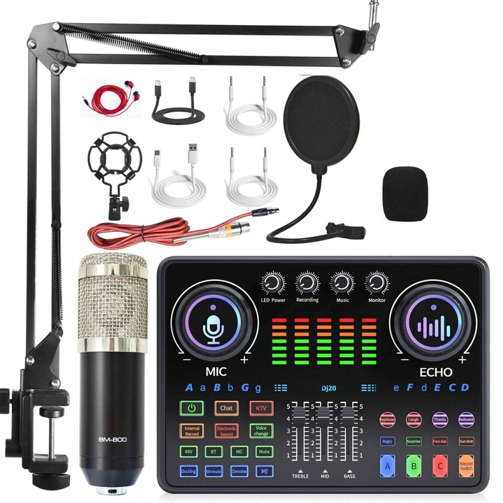 Set mixer, Walalla, cu placa de sunet/microfon BM 800/diverse accesorii, potrivit pentru streaming live, jocuri, PC, laptop, smartphone, negru/argintiu