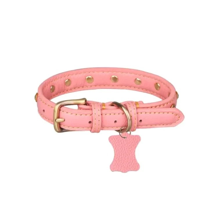 Zgarda piele naturala, caini 2-4kg, gat 21-26cm, 15mm latime, SK9 Roz-Cristale