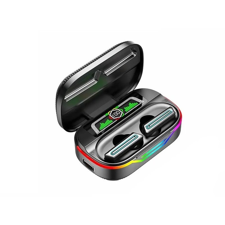 Vala® DX-10 TWS Безжични слушалки за поставяне в ушите, Спорт за игри, LED дисплей, Bluetooth 5.3, Сензорно управление, Микрофон, Двоен режим на музика за игри, Калъф за зареждане, Водоустойчив IPX-5, RGB околни светлини