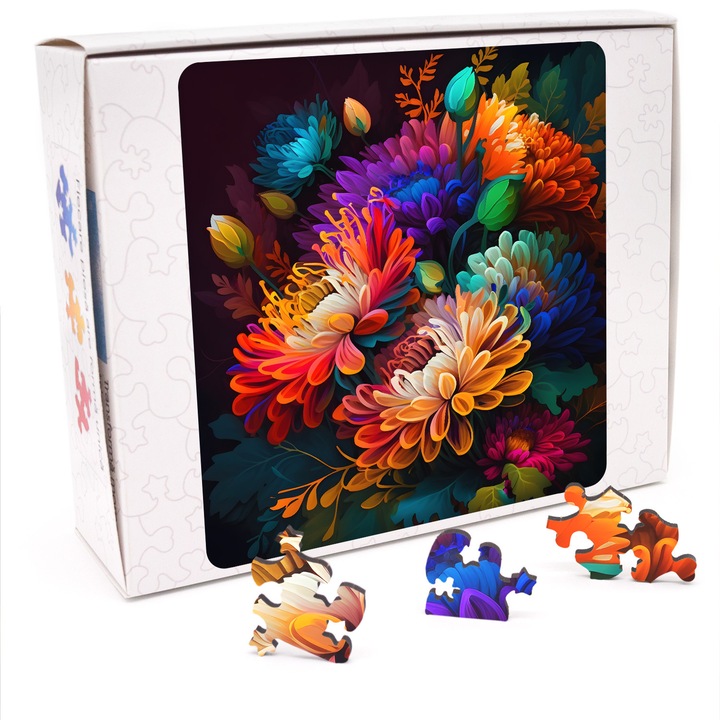 Puzzle din lemn, Colorful Italian Asters, 200 piese, 30 x 30 cm, Cutie Carton