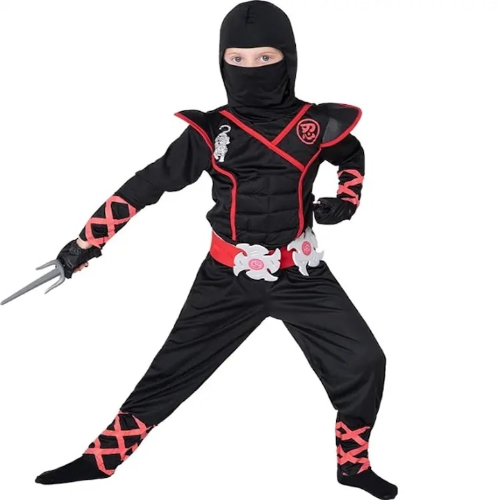 Costum copii Ninja cu 5 accesorii, negru, 7-8 ani