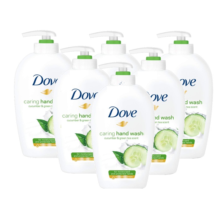 Комплект от 6 броя течен сапун Dove Cucumber and Green Tea, 1/4 хидратиращ крем, 250 ml