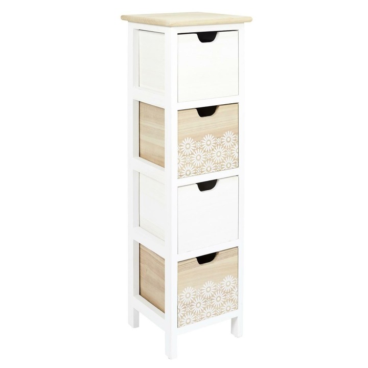 Comoda cu 4 sertare, ArtPro, Lemn, 25 x 25 x 83.5 cm, Alb/Maro