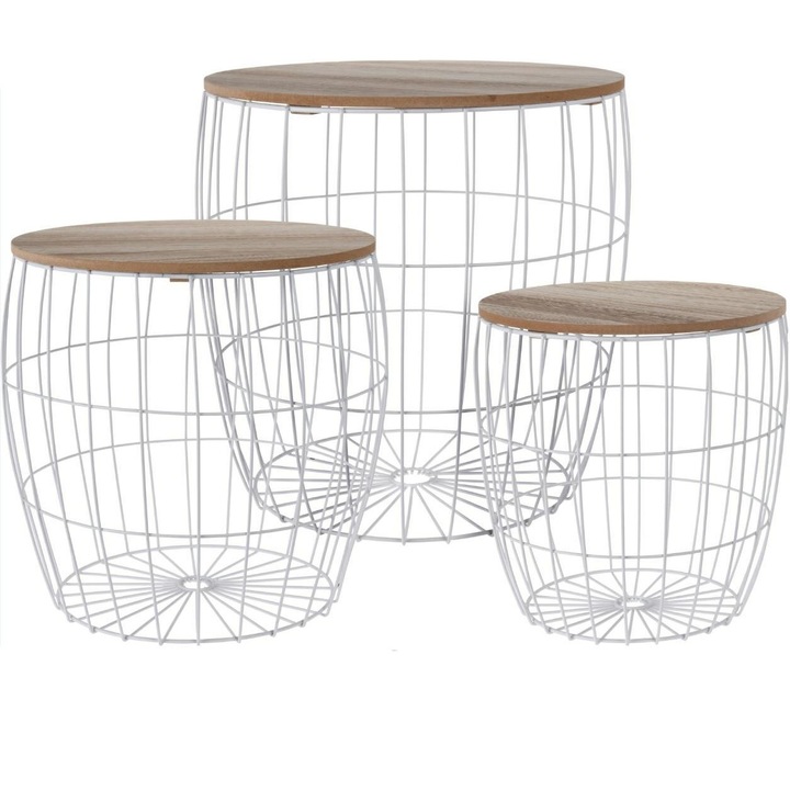 Set 3 masute laterale, ArtPro, MDF/Metal, Spatiu depozitare, 41/38/31 cm, Alb/Maro