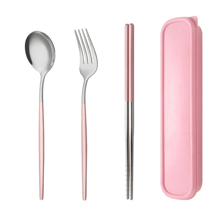 Set 3 Piese Tacamuri Portabile, Lingura, Furculita si Betisoare cu Carcasa, Argintiu/Roz