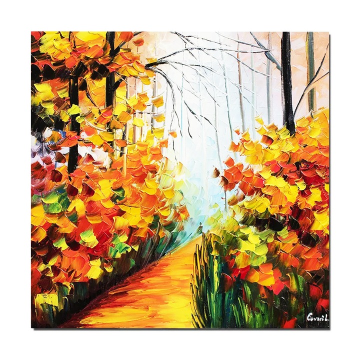 Tablou pictat manual living, hol, dormitor, Peisaj din natura, alee in parc, 50x50cm ulei pe panza in cutit efect 3D