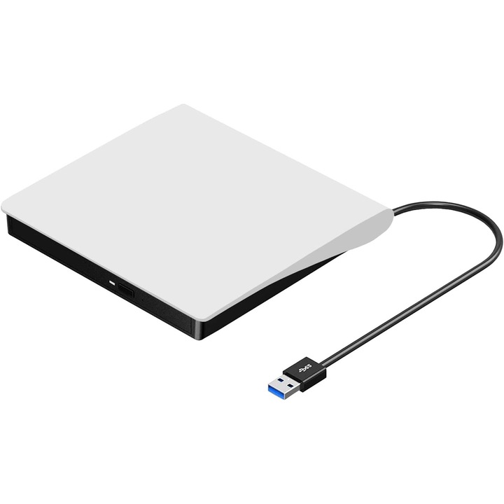 Външно CD/DVD устройство, Съвместим лаптоп, PC, Настолен компютър, Mac Book, Windows 10/8/7, Linux OS, Бял, JENUOS®