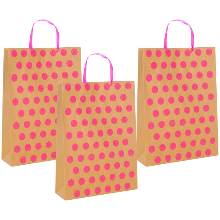 Set 3 x Punga cadou din hartie, imprimeu buline, 31x10x42cm, roz-maro