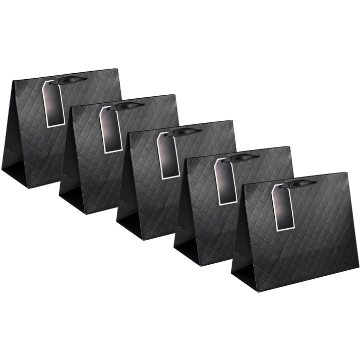 Set 5 x Punga cadou din hartie, imprimeu carouri, 32x14x26.5cm, negru