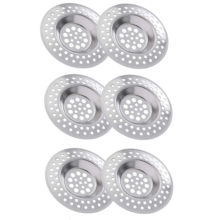 Set 6 site chiuveta pentru protectie scurgere, NUODWELL, Pentru bai, toalete, chiuvete de bucatarie, dusuri, cazi de baie, canalizare, 7.5 x 7.5 cm, Otel inoxidabil, Culoare argintiu