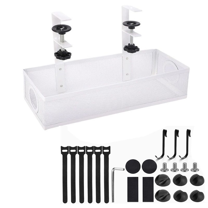 Set organizator cabluri sub birou 20 piese, WALALLA, Plastic, Alb