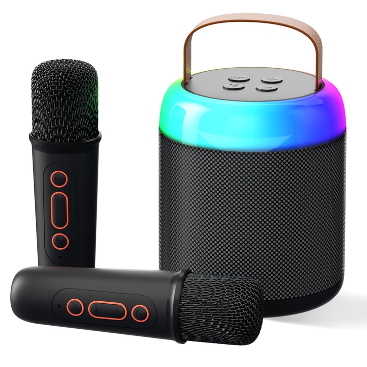Комплект микрофон за караоке за деца и възрастни WALALLA, MicroSD карта, Bluetooth 5.3, 1200 mah, Черен