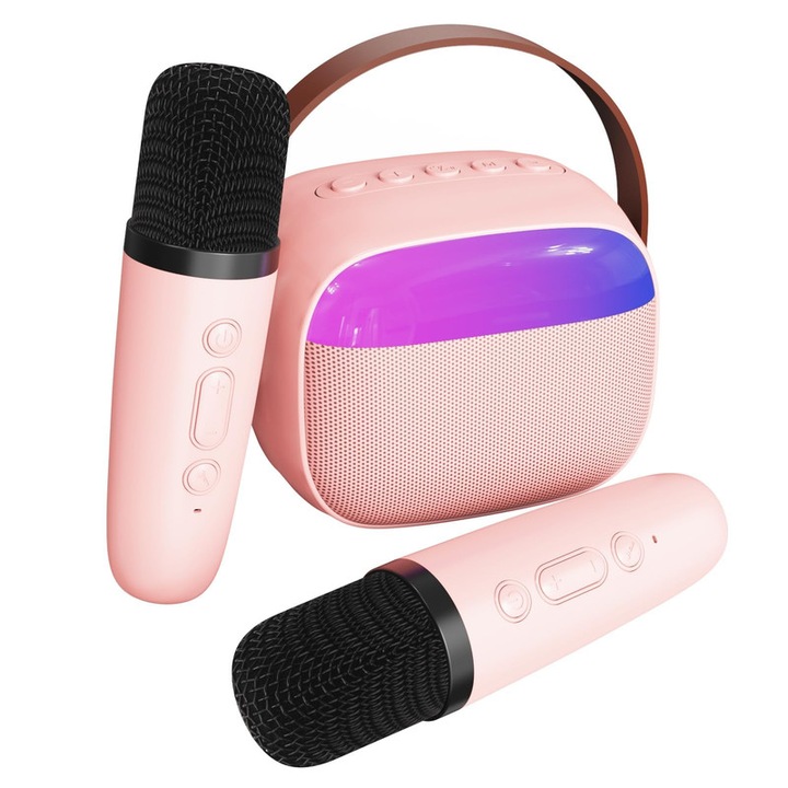 Комплект микрофон за караоке за деца WALALLA, RGB светлина, безжичен/DSP, включва 2 микрофона, MP3, MicroSD карта, Bluetooth 5.0, розов
