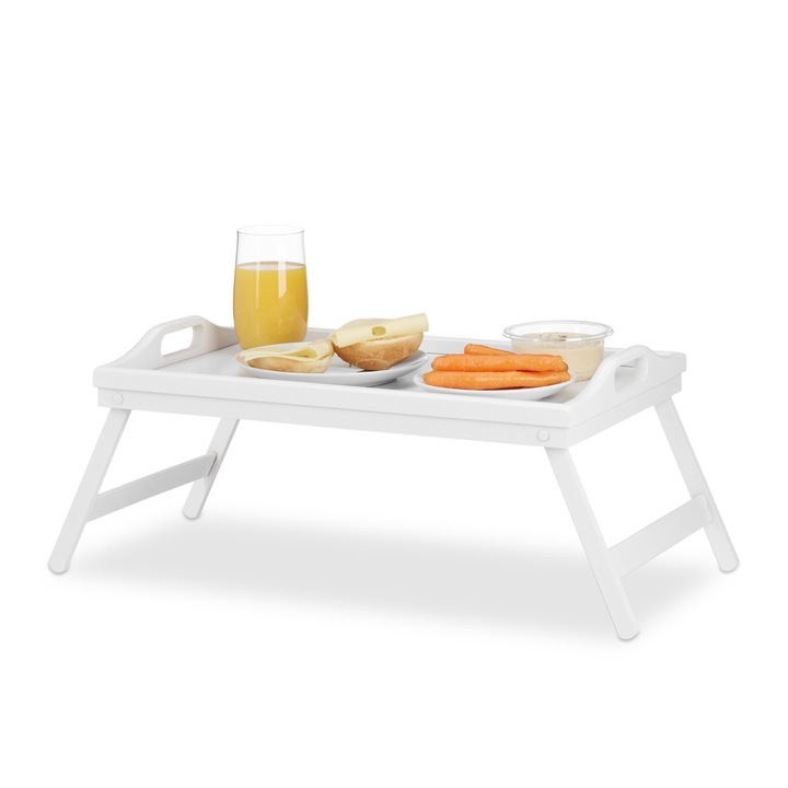 Masuta bambus pentru servire la pat, cu manere de transport, pliabila, usor de curatat, alb, 22 x 61 x 30 cm