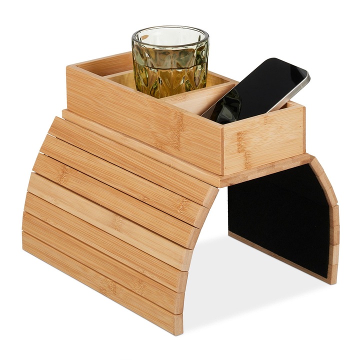 Tava de servire pentru cotiera canapea, Sofabuddy, pliabila, cu 3 compartimente pentru depozitare, suprafata anti-alunecare, din bambus, 42 x 28 cm